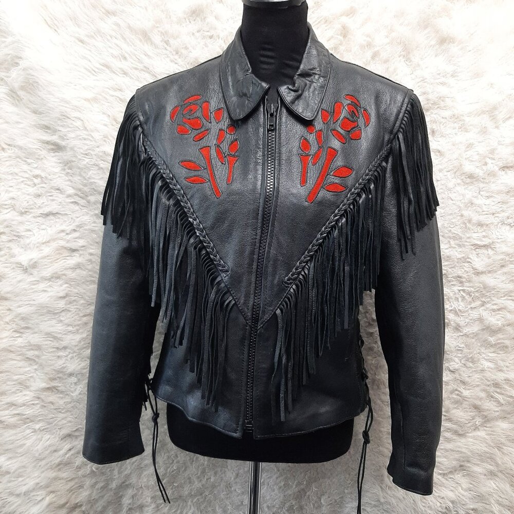 Barney's Women's Black Leather Fringe Inlayed Suede Red Roses Jacket Biker Siz M